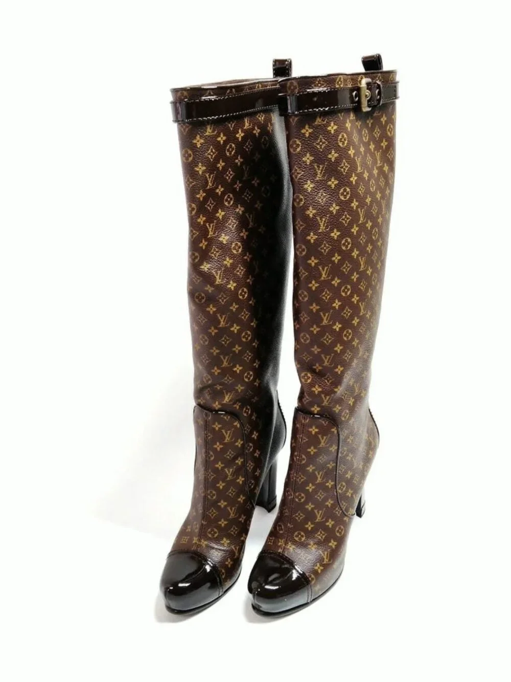 Authentic Louis Vuitton Monogram Silhouette Knee High Boots Brown Patent Leather